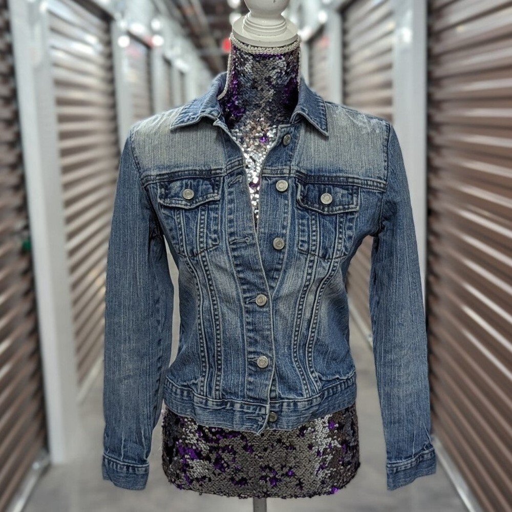 GAP Stretch Blue Denim Jean Cropped Jacket Size‎ XS Americana Clean Girl Utility